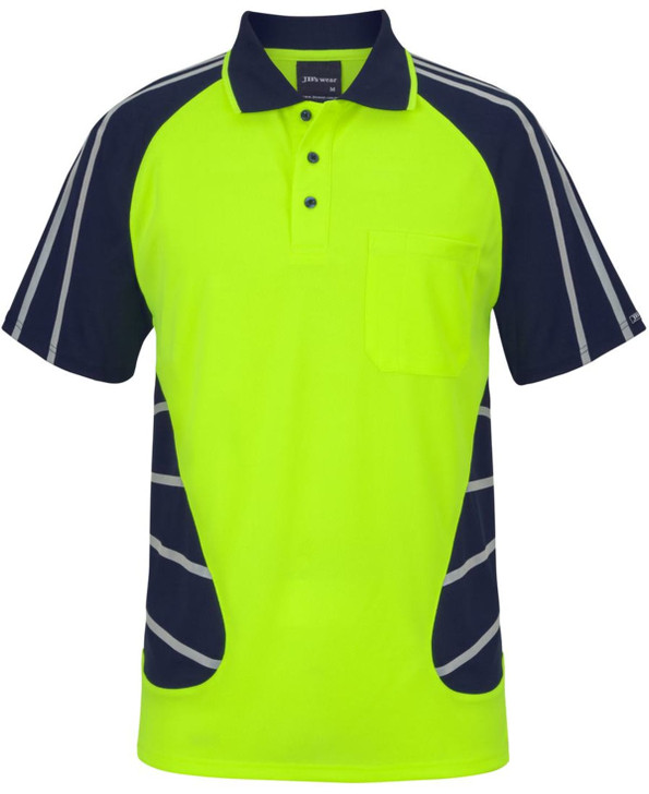 A bright lime green and navy polo shirt featuring reflective stripes and a chest pocket. It has a logo on it.