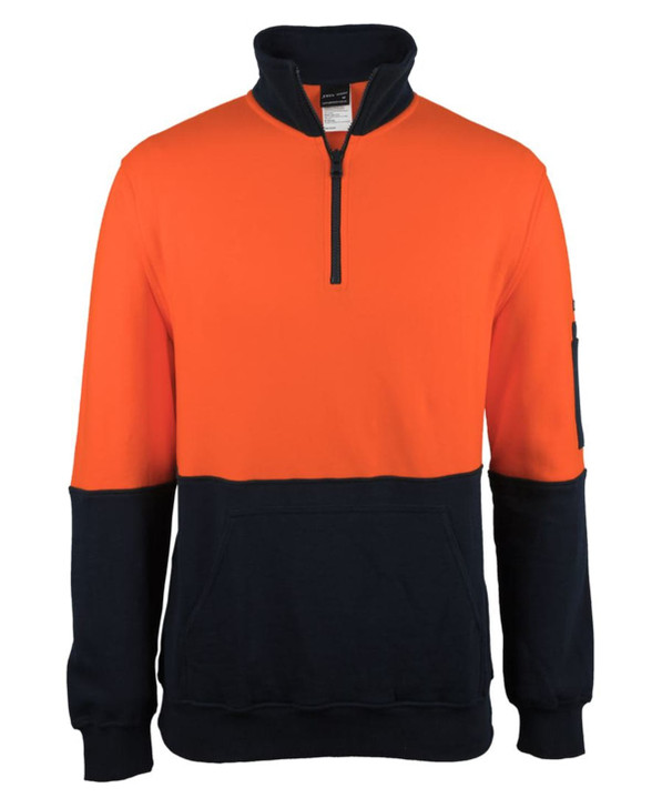 A work jumper featuring a half zip design in orange and navy, with a pocket on the sleeve and a logo.