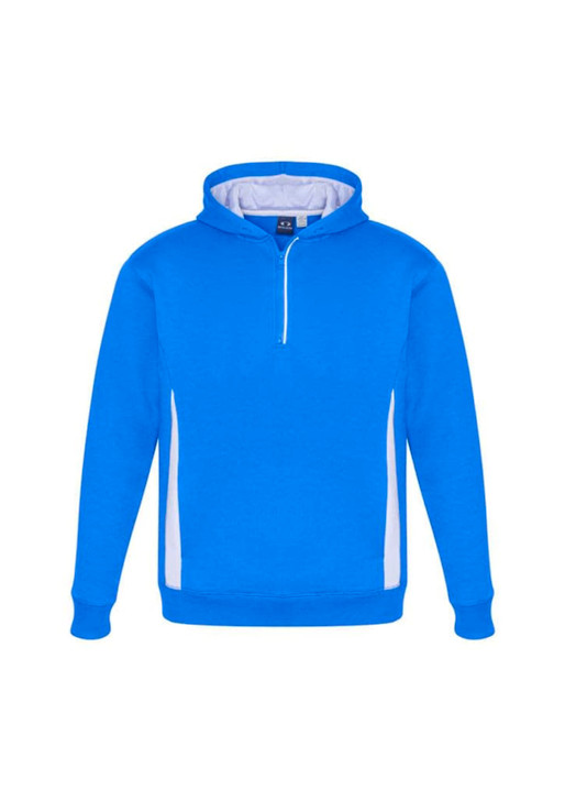 A blue hoodie with a half-zip front, featuring white side panels and a logo.