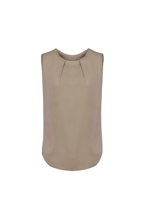 A sleeveless blouse in a soft taupe colour, featuring pleat detail on the front. It has a round neckline and a smooth finish.