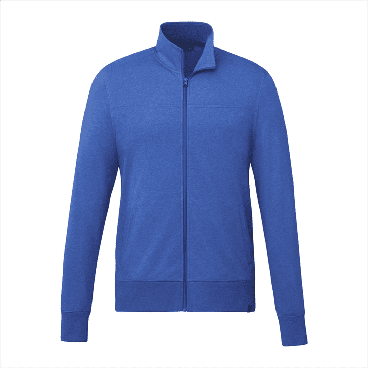A blue full zip fleece jacket for men, featuring a collar and long sleeves. It has a logo on it.