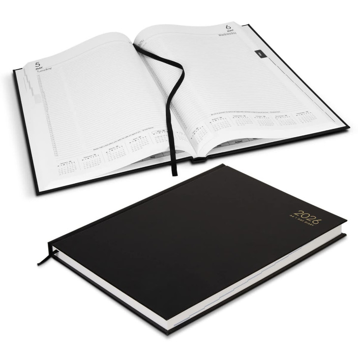 A black A4 daily diary for 2026, open to display blank pages and a ribbon bookmark.