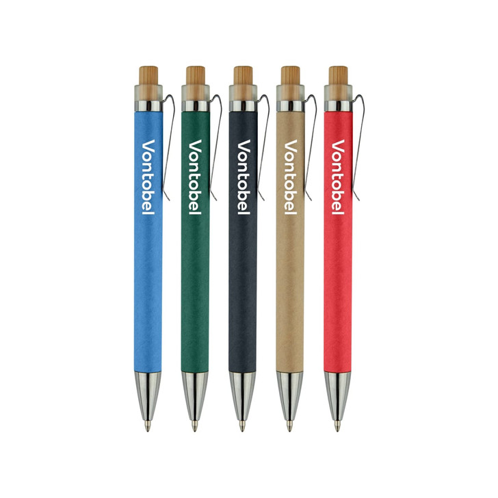 A set of five recycled cardboard pens in green, blue, black, brown, and red, with clips and branding on the barrel.