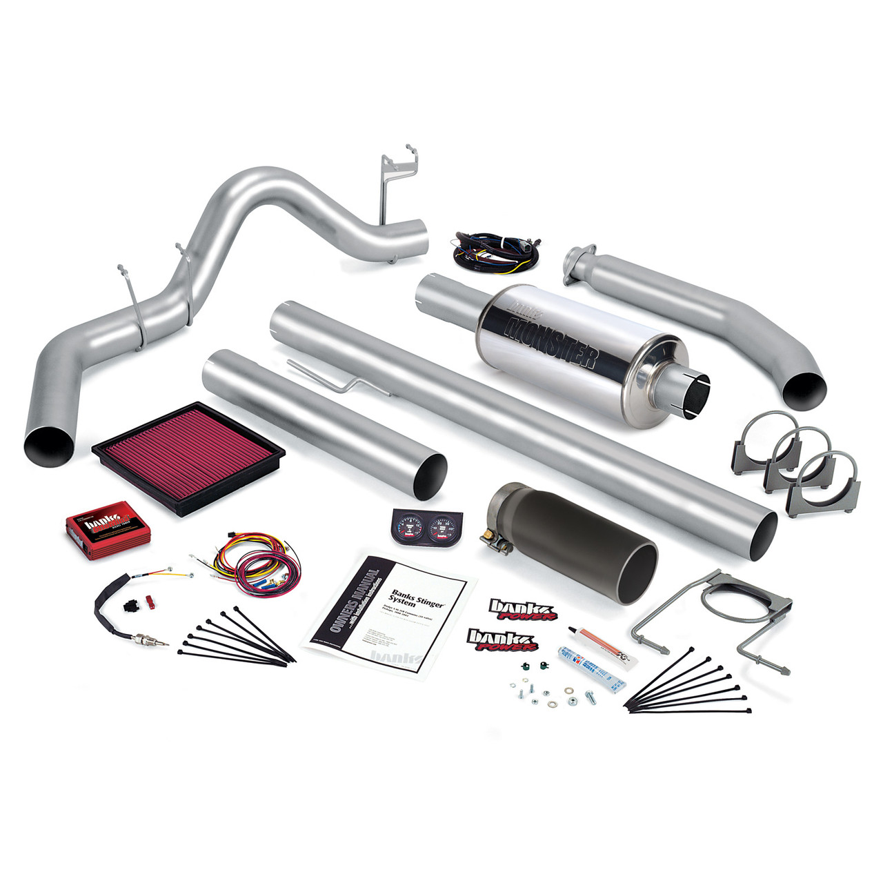 BANKS POWER 49374-B STINGER BUNDLE POWER SYSTEM W/SINGLE EXIT EXHAUST-BLACK TIP (EXTENDED CAB) FOR 02 DODGE RAM WITH 5.9L CUMMINS