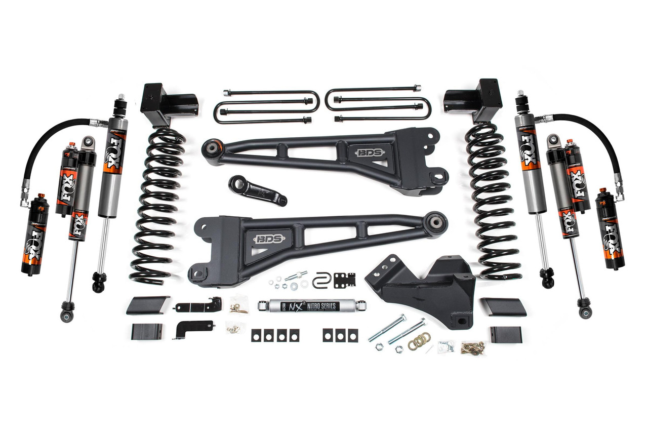 BDS SUSPENSION BDS2222FPE 4 INCH LIFT KIT W/ RADIUS ARM FORD F250/F350 SUPER DUTY 17-19 4WD DIESEL 5 INCH BLOCK 3 LEAF MAIN FOX 2.5 PERFORMANCE ELITE SHOCKS
