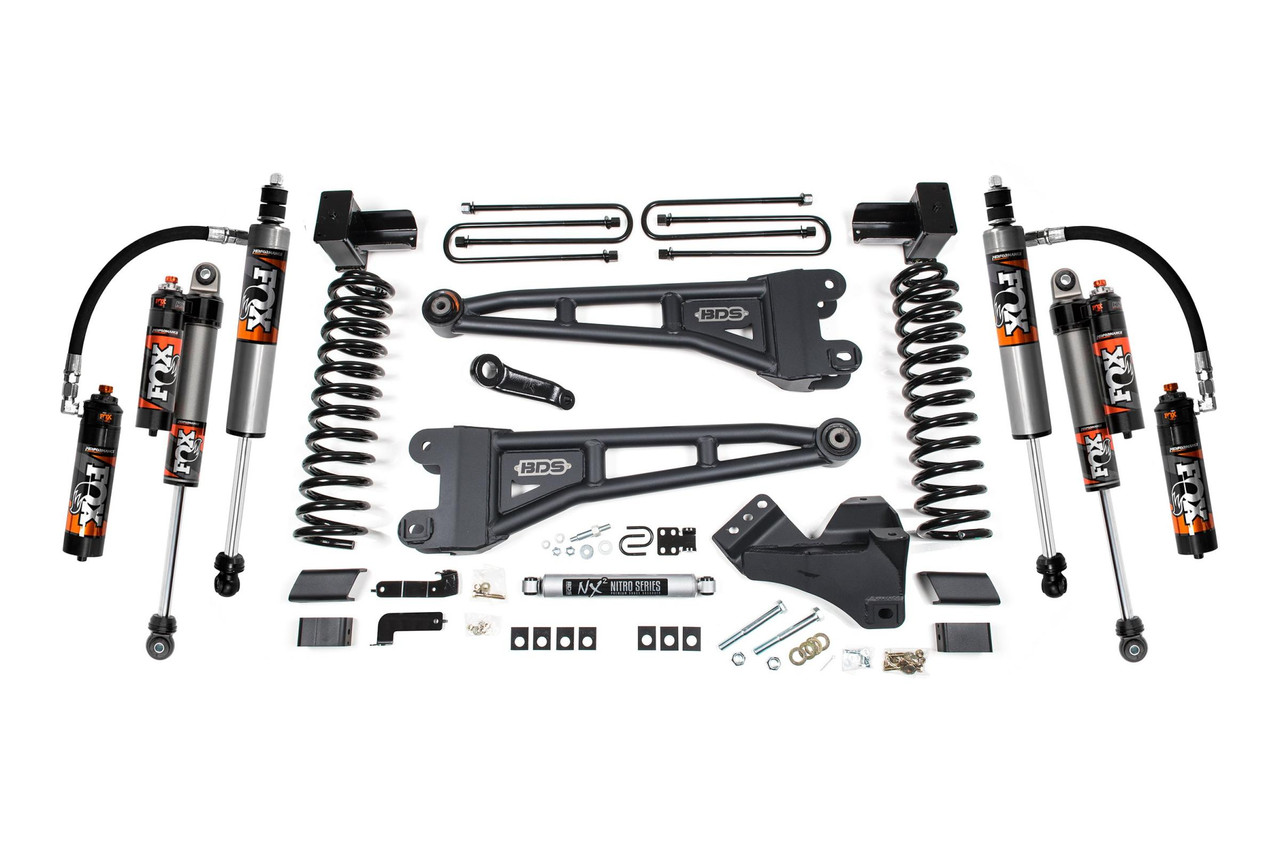 BDS SUSPENSION BDS2205FPE 5 INCH LIFT KIT W/ RADIUS ARM FORD F250/F350 SUPER DUTY 23-24 4WD DIESEL 5 INCH BLOCK WITH 3 LEAF MAIN FOX 2.5 PERFORMANCE ELITE