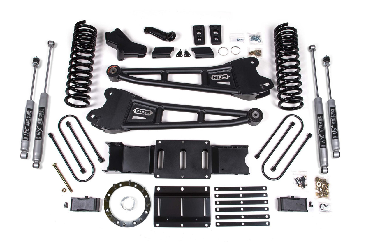 BDS SUSPENSION BDS1707H 4 INCH LIFT KIT W/ RADIUS ARM 2 INCH REAR BLOCK RAM 3500 19-24 4WD DIESEL WITH FACTORY REAR OVERLOAD LEAF 8 BOLT NX2 NITRO SHOCKS