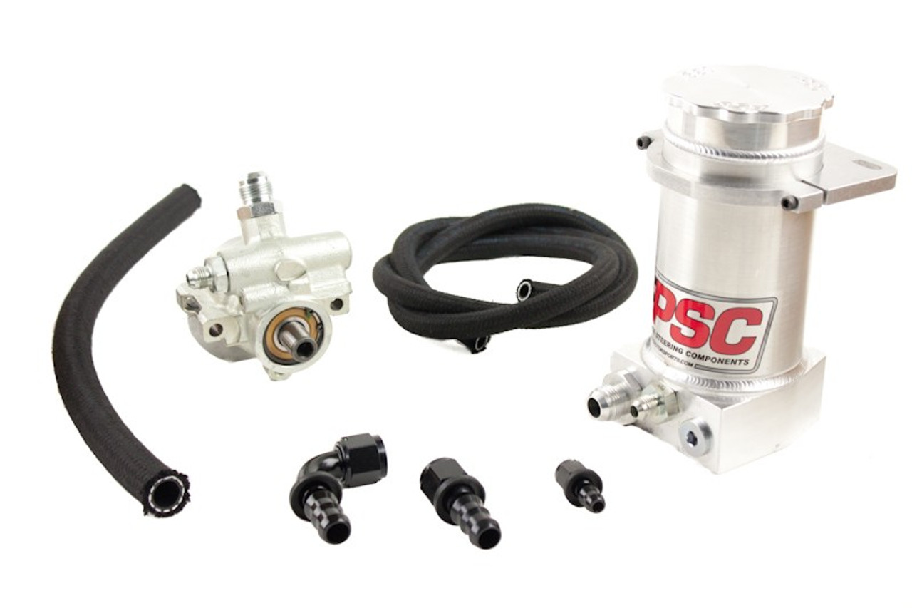 PSC PK1100X PRO TOURING TYPE II POWER STEERING PUMP AND BRUSHED ALUMINUM REMOTE RESERVOIR KIT FOR STEERING GEARBOX APPLICATIONS