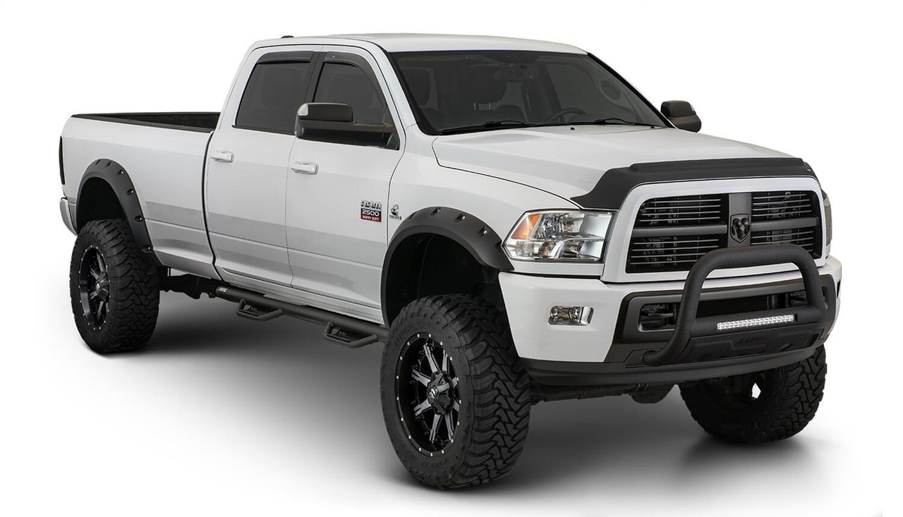 BUSHWACKER 50052-02 BLACK MAX COVERAGE POCKET/RIVET STYLE SMOOTH FINISH REAR FENDER FLARES FOR 2010-2018 DODGE RAM 2500, 3500 (INCLUDES DUALLY)