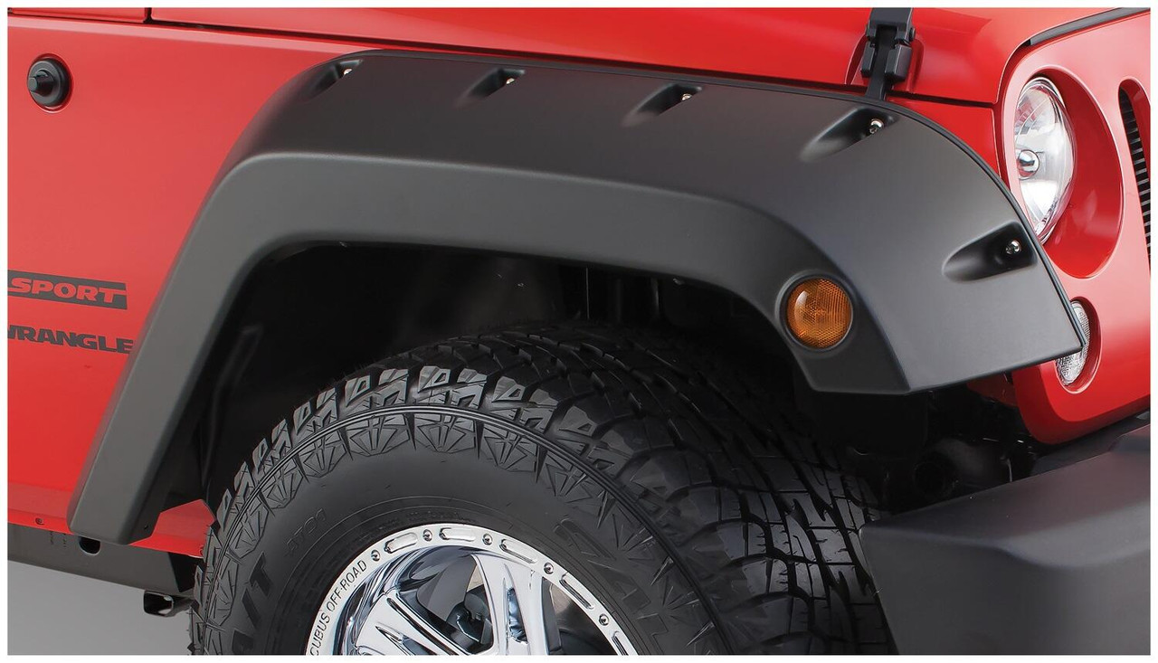 BUSHWACKER 10077-02 BLACK POCKET/RIVET STYLE SMOOTH FINISH FRONT FENDER FLARES FOR 2007-2018 JEEP WRANGLER JK