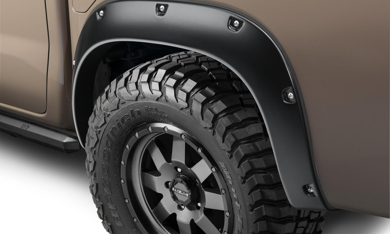 BUSHWACKER 70911-02 BLACK POCKET/RIVET STYLE SMOOTH FINISH 4-PIECE FENDER FLARE SET FOR 22-26 NISSAN FRONTIER