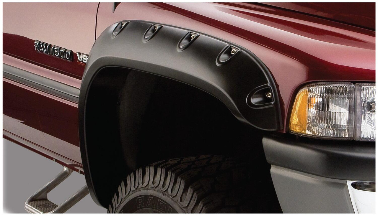 BUSHWACKER 50908-02 BLACK POCKET/RIVET STYLE SMOOTH FINISH 4-PIECE FENDER FLARE SET FOR 1994-2001 DODGE RAM 1500 1994-2002 RAM 2500, 3500 (EXCLUDES DUALLY) FIT 78/96 INCH BED