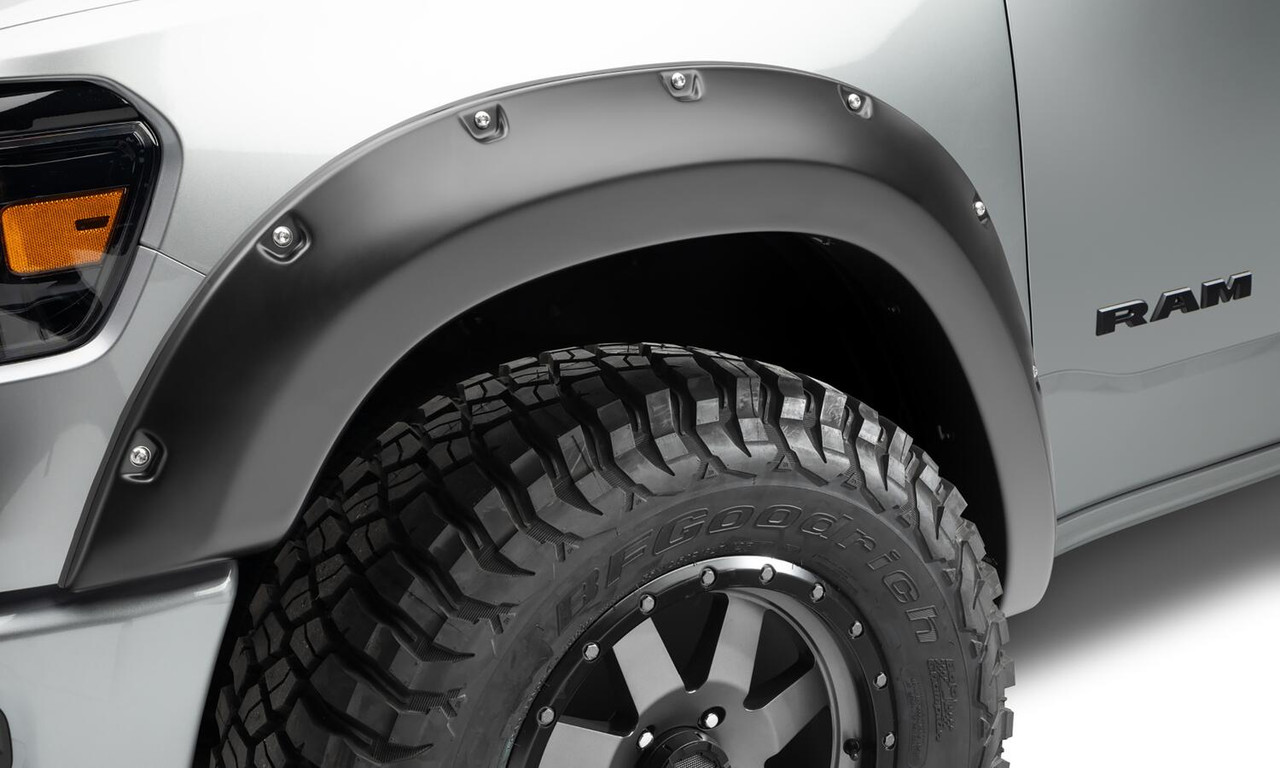 BUSHWACKER 50053-02 BLACK POCKET/RIVET STYLE SMOOTH FINISH FRONT FENDER FLARES FOR 2019-2022 RAM 1500 WILL NOT FIT REBEL AND TRX MODELS