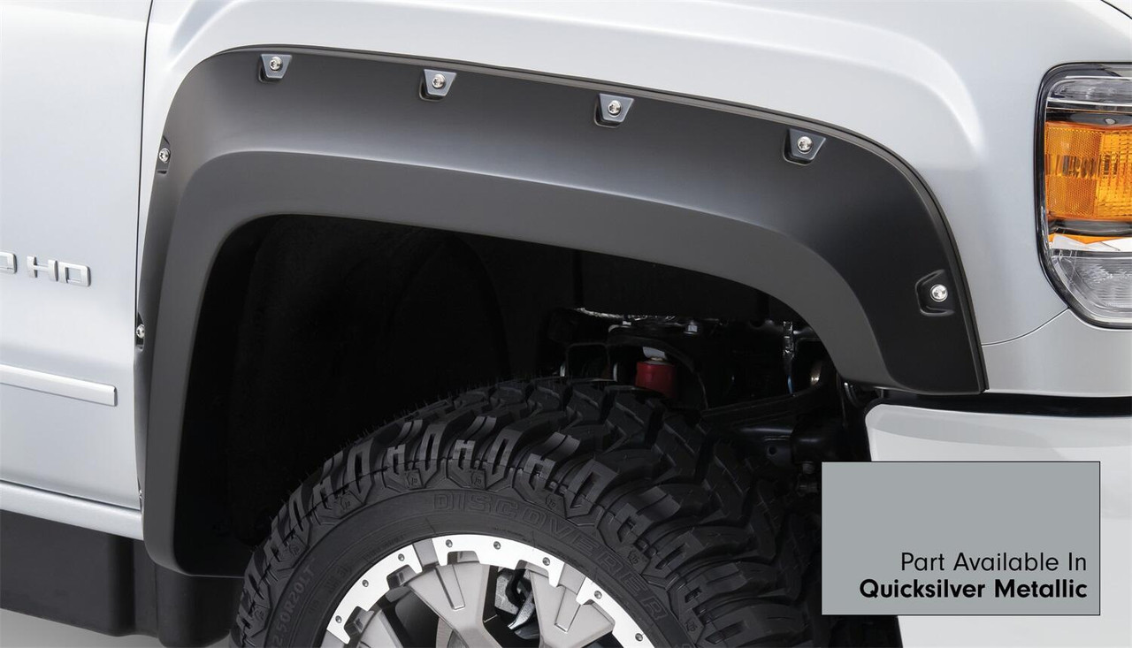 BUSHWACKER 40974-54 POCKET/RIVET STYLE COLOR MATCHED QUICKSILVER METALLIC 4-PIECE FENDER FLARE SET FOR 2016-2018 GMC SIERRA 1500 FACTORY MUDFLAPS MUST BE REMOVED