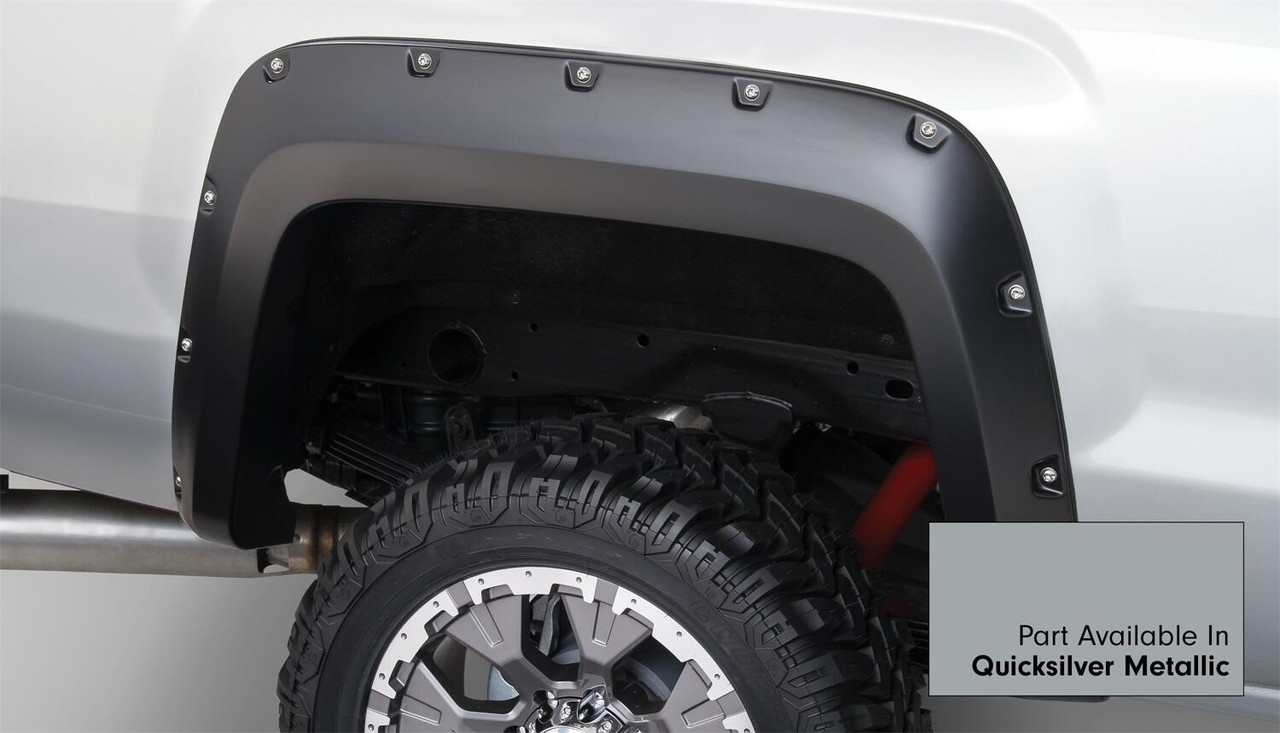 BUSHWACKER 40974-54 POCKET/RIVET STYLE COLOR MATCHED QUICKSILVER METALLIC 4-PIECE FENDER FLARE SET FOR 2016-2018 GMC SIERRA 1500 FACTORY MUDFLAPS MUST BE REMOVED