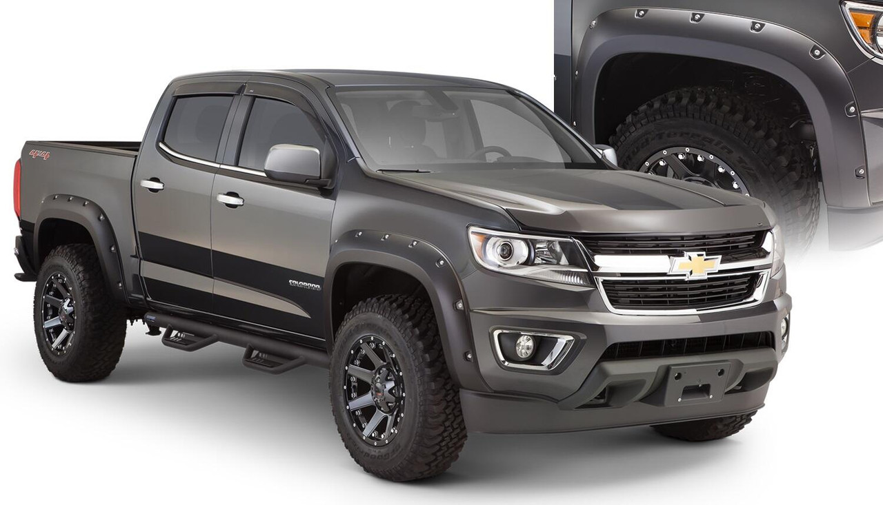 BUSHWACKER 40970-02 BLACK POCKET/RIVET STYLE SMOOTH FINISH 4-PIECE FENDER FLARE SET FOR 2015-2021 CHEVROLET COLORADO W/74 INCH BED