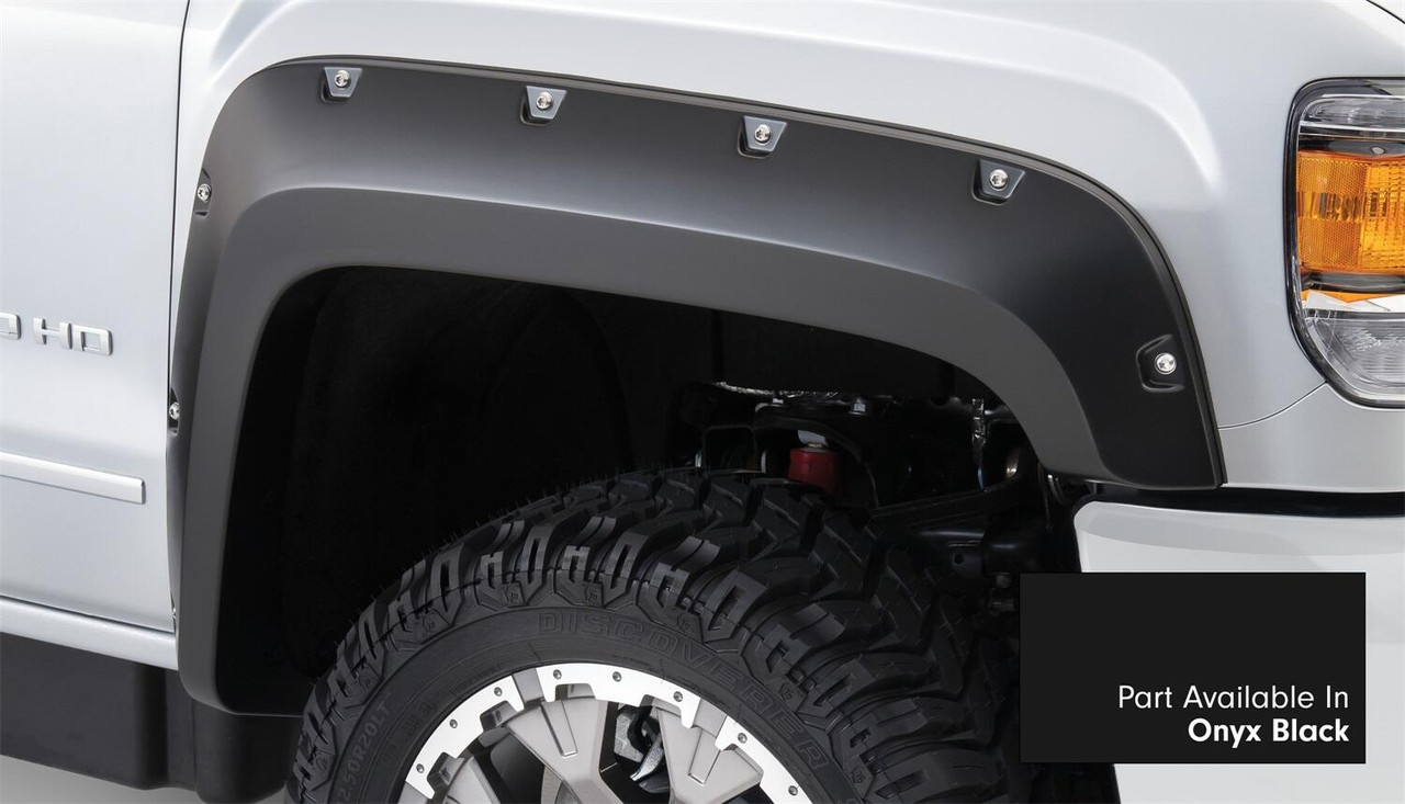 BUSHWACKER 40967-34 POCKET/RIVET STYLE COLOR MATCHED ONYX BLACK 4-PIECE FENDER FLARE SET FOR 2017-2019 SIERRA 2500 HD/3500 HD