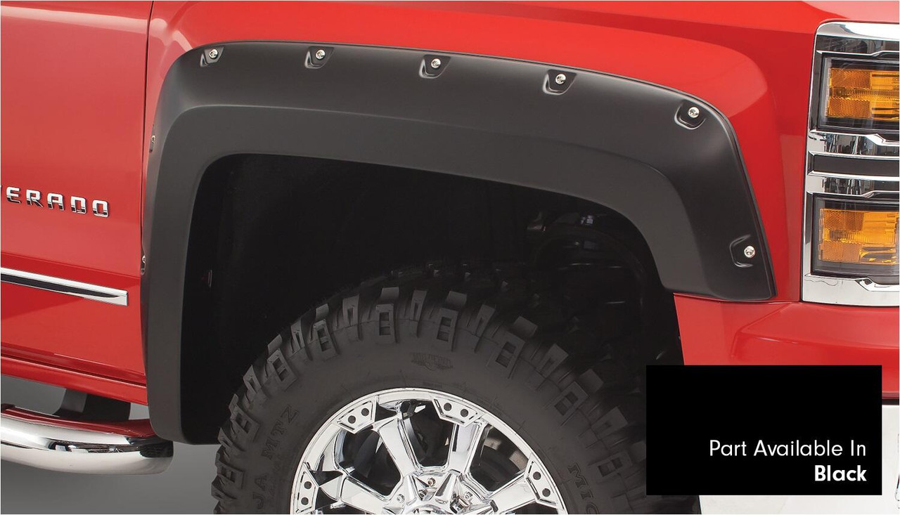 BUSHWACKER 40959-34 POCKET/RIVET STYLE COLOR MATCHED BLACK 4-PIECE FENDER FLARE SET FOR 2016-2018 SILVERADO 1500 FITS 69.3 INCH BED