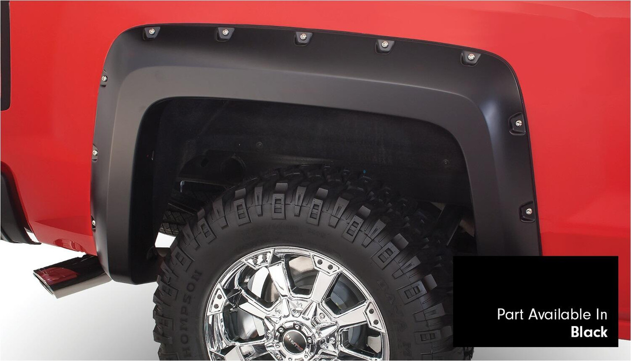 BUSHWACKER 40959-34 POCKET/RIVET STYLE COLOR MATCHED BLACK 4-PIECE FENDER FLARE SET FOR 2016-2018 SILVERADO 1500 FITS 69.3 INCH BED