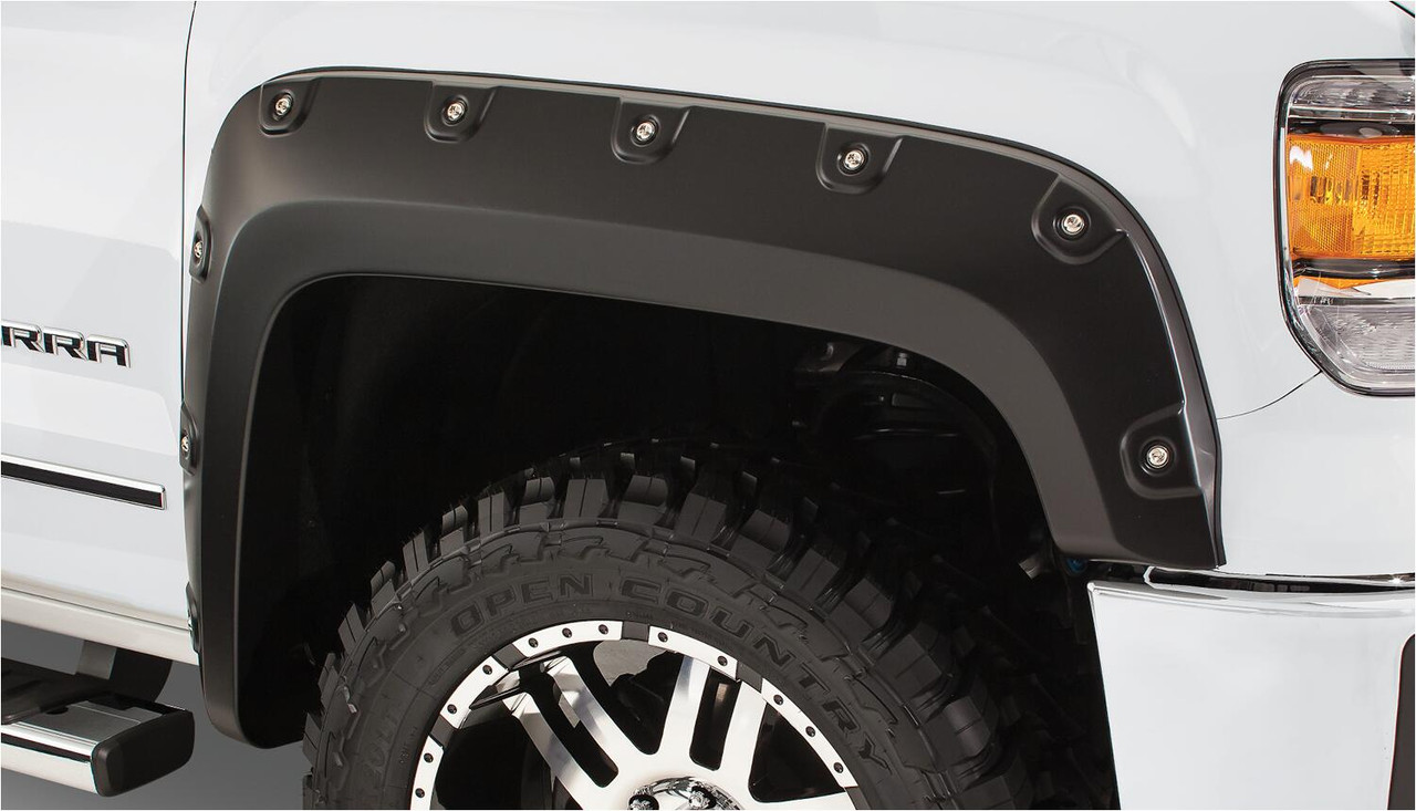BUSHWACKER 40940-02 BLACK BOSS POCKET/RIVET STYLE SMOOTH FINISH 4-PIECE FENDER FLARE SET FOR 2007-2013 GMC SIERRA 1500 FITS 69.3 INCH BED