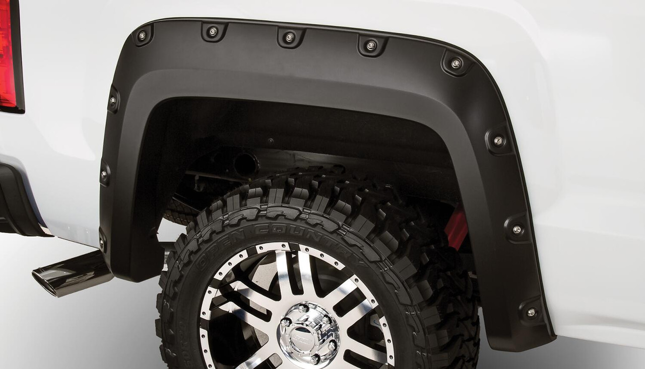 BUSHWACKER 40940-02 BLACK BOSS POCKET/RIVET STYLE SMOOTH FINISH 4-PIECE FENDER FLARE SET FOR 2007-2013 GMC SIERRA 1500 FITS 69.3 INCH BED
