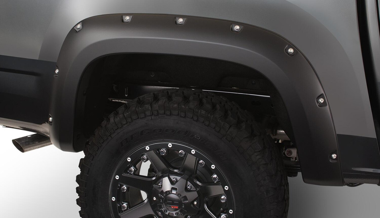 BUSHWACKER 40138-02 BLACK POCKET/RIVET STYLE SMOOTH FINISH REAR FENDER FLARES FOR 2015-2022 CHEVROLET COLORADO W/61.7 INCH BED