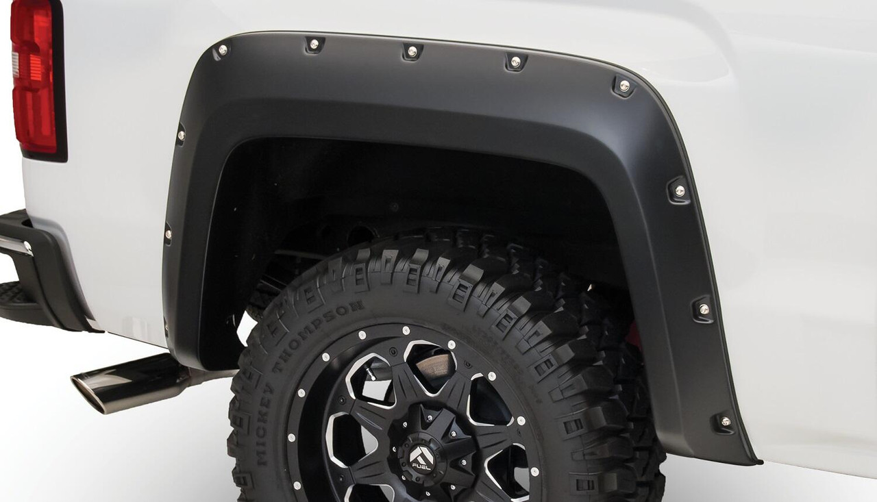 BUSHWACKER 40122-02 BLACK POCKET/RIVET STYLE SMOOTH FINISH REAR FENDER FLARES FOR 2014-2018 SIERRA 1500 (INCL LIMITED) 2015-2018 SIERRA 2500 HD/3500 HD (EXCLUDES DUALLY)
