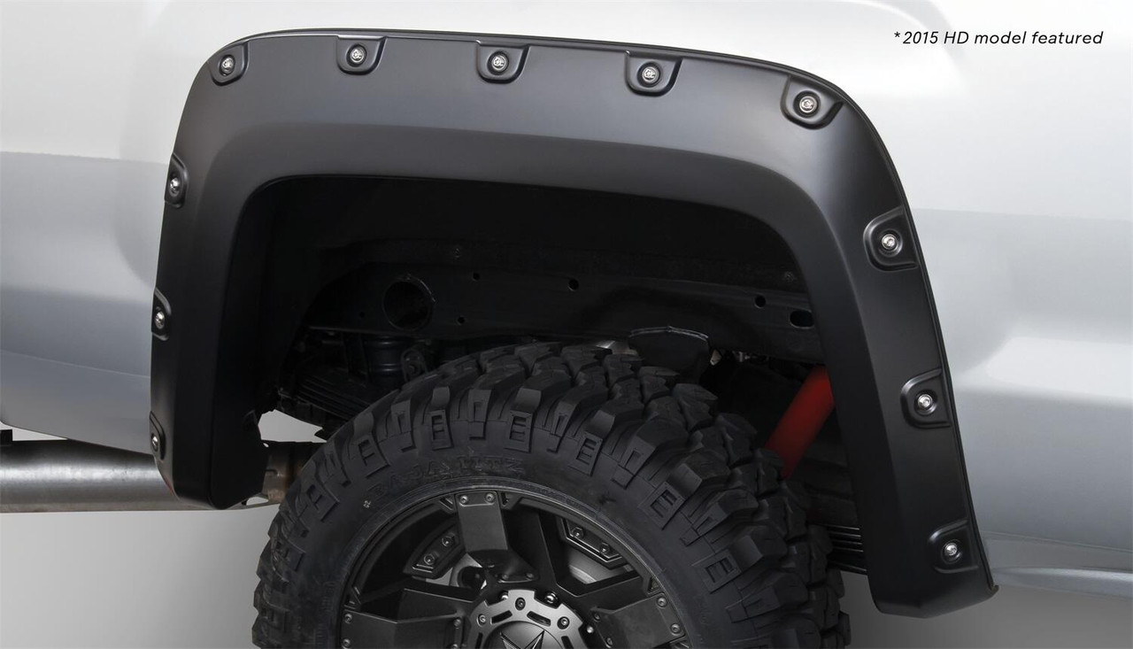 BUSHWACKER 40118-02 BLACK BOSS POCKET/RIVET STYLE SMOOTH FINISH REAR FENDER FLARES FOR 2014-2015 SIERRA 1500 2015-2018 SIERRA 2500 HD/3500 HD