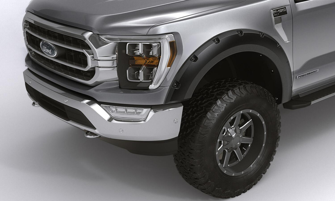 BUSHWACKER 28129-08 BLACK FORGE POCKET/RIVET TEXTURED FINISH 4-PC FENDER FLARE SET FOR 17-22 FORD F250/350/450