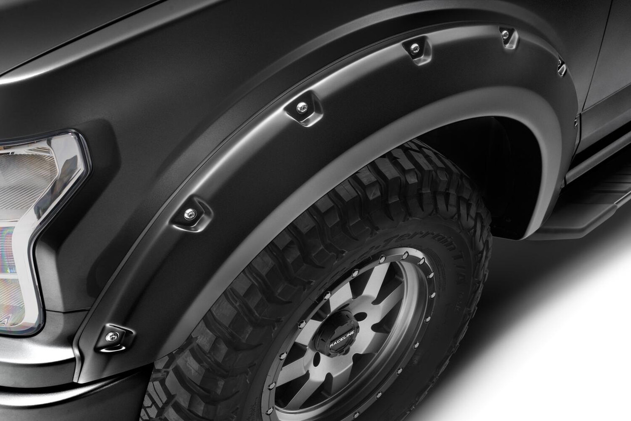 BUSHWACKER 20945-32 POCKET/RIVET STYLE COLOR MATCHED AGATE BLACK MET 4-PIECE FENDER FLARE SET FOR 2018-2020 FORD F150