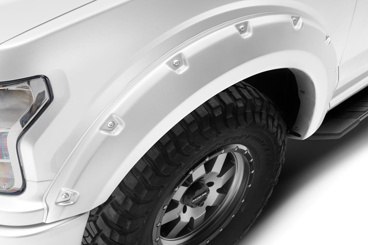 BUSHWACKER 20945-12 POCKET/RIVET STYLE COLOR MATCHED OXFORD WHITE 4-PIECE FENDER FLARE SET FOR 2018-2020 FORD F150
