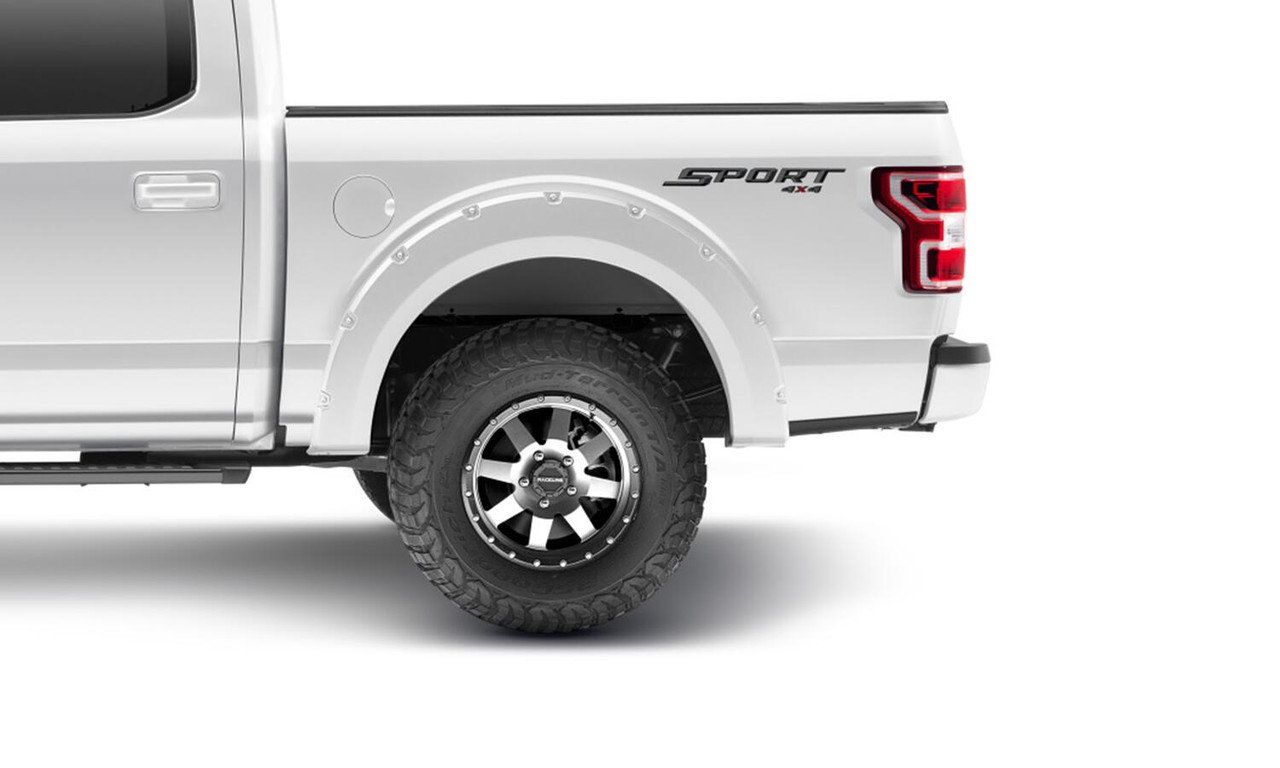 BUSHWACKER 20945-12 POCKET/RIVET STYLE COLOR MATCHED OXFORD WHITE 4-PIECE FENDER FLARE SET FOR 2018-2020 FORD F150