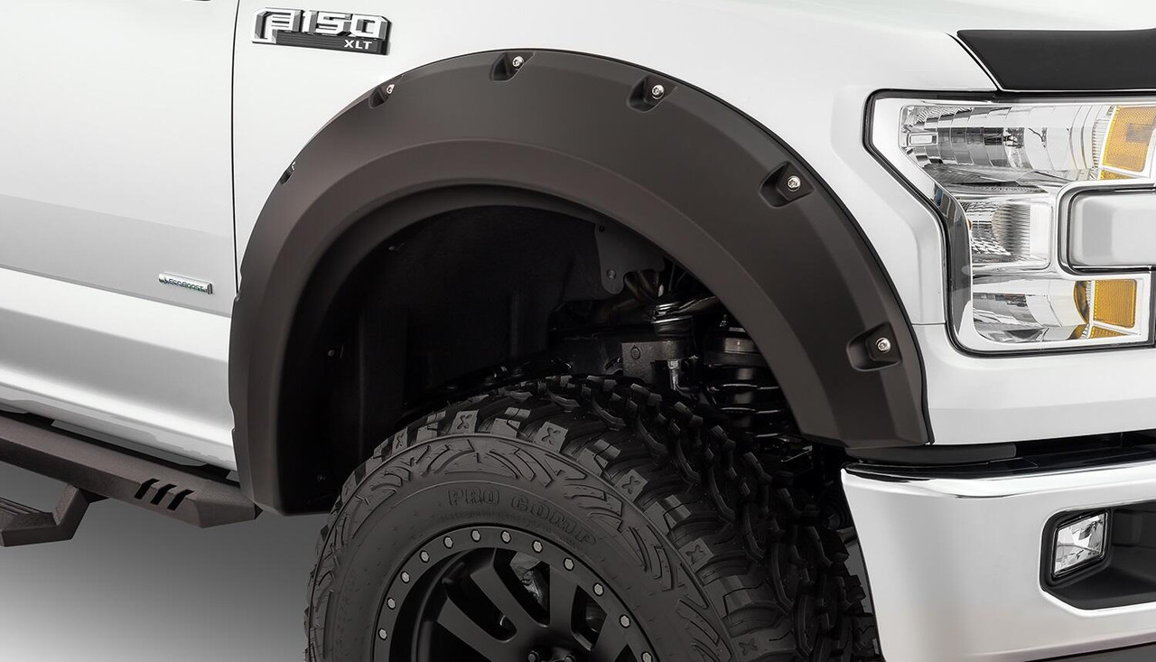 BUSHWACKER 20939-02 BLACK MAX COVERAGE POCKET/RIVET STYLE SMOOTH FINISH 4-PIECE FENDER FLARE SET FOR 2015-2017 FORD F150 (EXCLUDES MODELS WITH TECH PACKAGE)