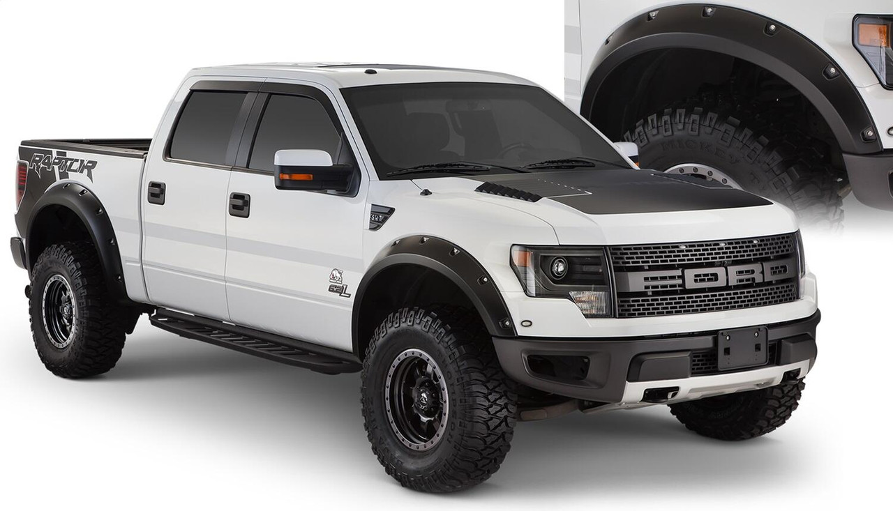 BUSHWACKER 20938-02 BLACK POCKET/RIVET STYLE SMOOTH FINISH 4-PIECE FENDER FLARE SET FOR 2010-2014 FORD RAPTOR