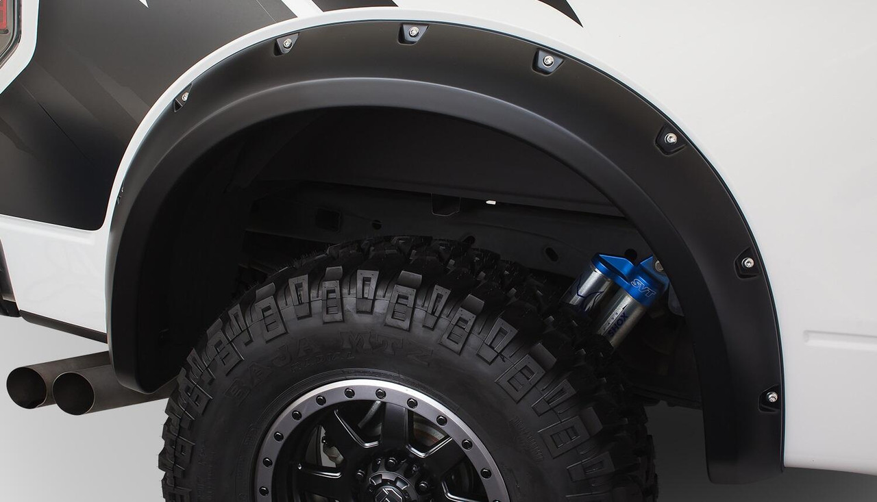 BUSHWACKER 20098-02 BLACK POCKET/RIVET STYLE SMOOTH FINISH REAR FENDER FLARES FOR 2010-2014 FORD RAPTOR