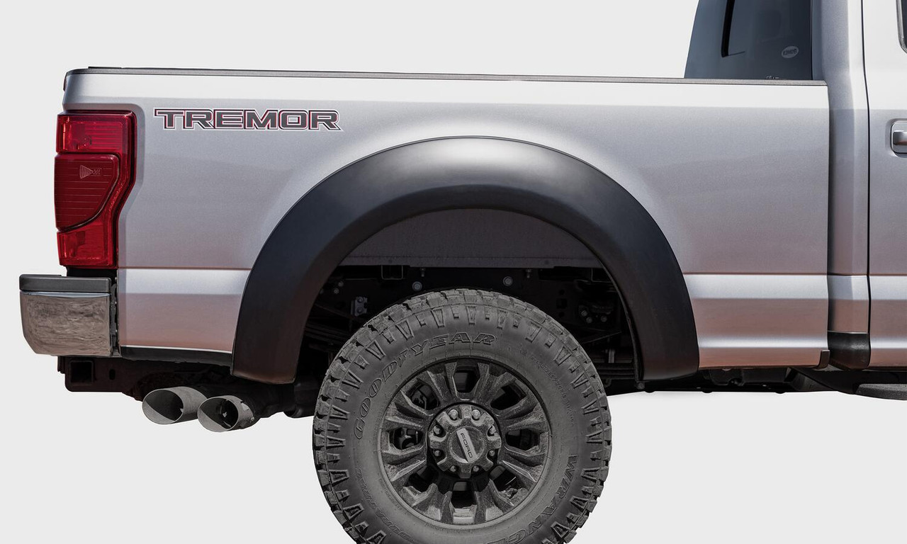 BUSHWACKER 20076-02 BLACK EXTENDAFENDER STYLE SMOOTH FINISH REAR FENDER FLARES FOR 1999-2007 FORD F250 SUPER DUTY 1999-2010 F350 SUPER DUTY (EXCLUDES DUALLY)