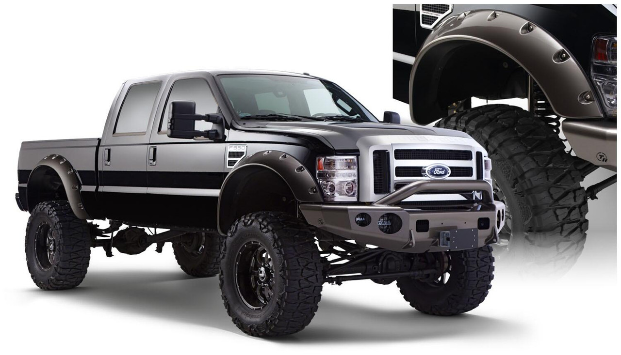 BUSHWACKER 20047-02 BLACK CUTOUT STYLE SMOOTH FINISH FRONT FENDER FLARES FOR 1999-2010 FORD F250 STYLESIDE SUPER DUTY 2008-2010 F350 TO F-550 SUPER DUTY