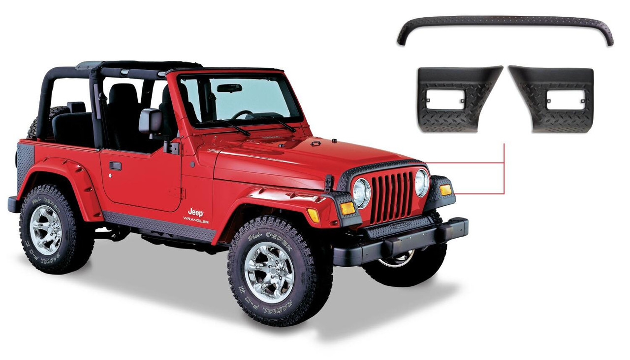 BUSHWACKER 14005 BLACK TRAIL ARMOR HOOD STONE GUARD AND FRONT CORNERS FOR 1997-2006 JEEP WRANGLER, 4PC SET