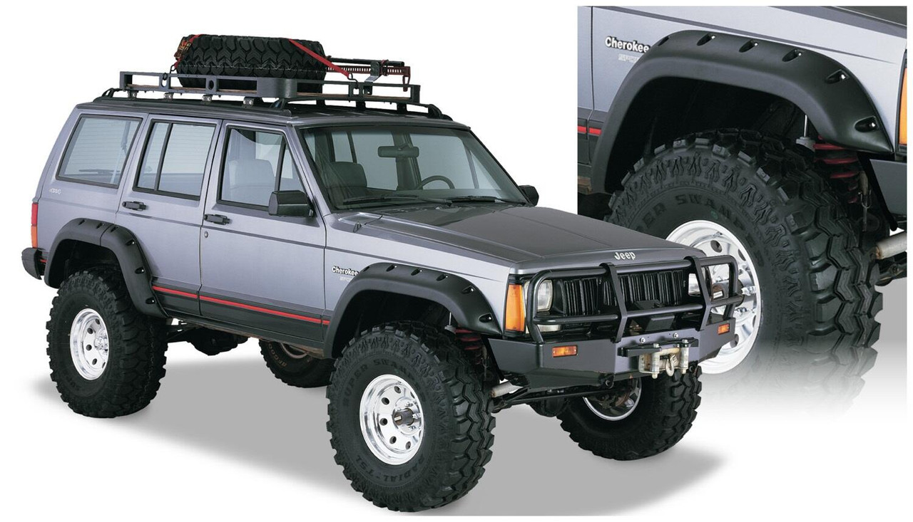 BUSHWACKER 10911-07 BLACK JEEP CUTOUT STYLE TEXTURED FINISH 4-PIECE FENDER FLARE SET FOR 1984-2001 JEEP CHEROKEE 4-DOOR