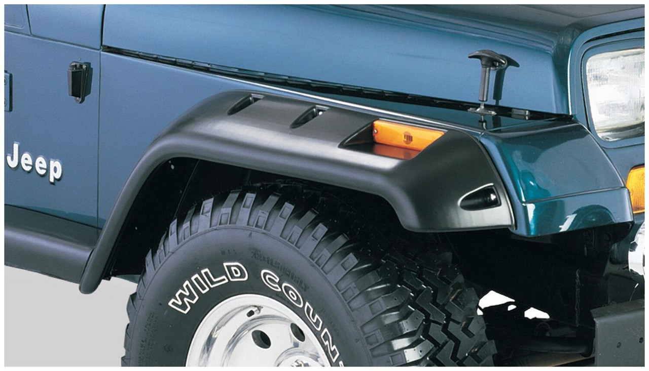 BUSHWACKER 10909-07 BLACK JEEP CUTOUT STYLE TEXTURED FINISH 4-PIECE FENDER FLARE SET FOR 1987-1995 JEEP WRANGLER YJ (EXCLUDES RENEGADE)