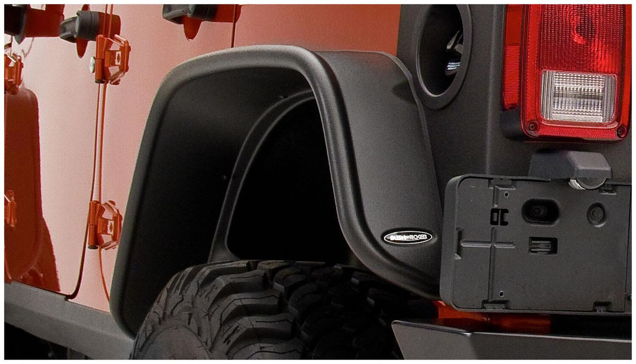 BUSHWACKER 10050-07 BLACK JEEP FLAT STYLE TEXTURED FINISH REAR FENDER FLARES FOR 2007-2018 JEEP WRANGLER JK UNLIMITED 4-DOOR