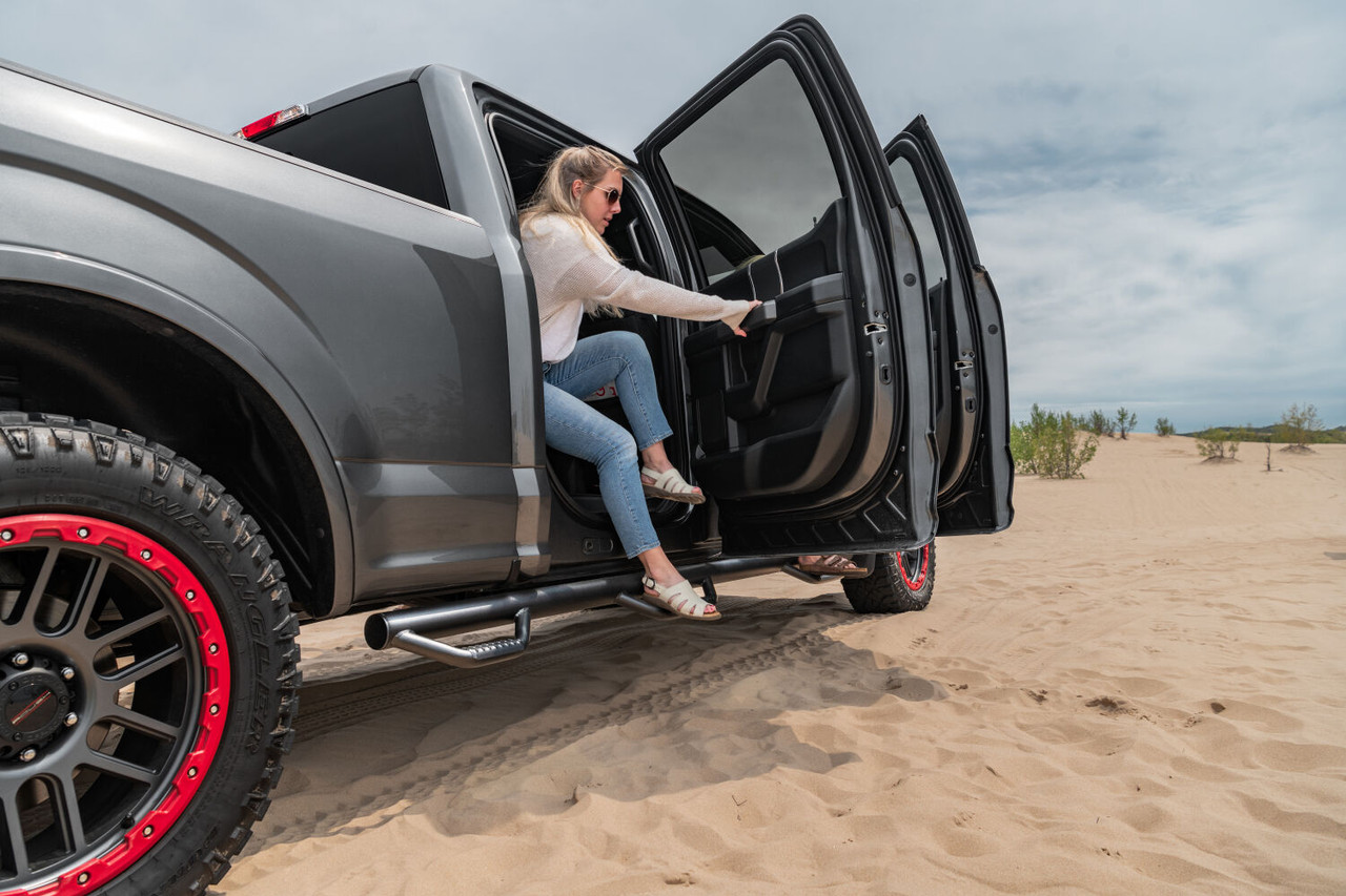 N-FAB F1596CC-6-TX NERF STEP BAR WHEEL-TO-WHEEL WITH BED ACCESS (3 STEPS PER SIDE) 3 INCH MAIN TUBE DIAMETER 2015-2025 FORD F-150 5 FOOT 7 INCH SUPERCREW TEXTURED BLACK