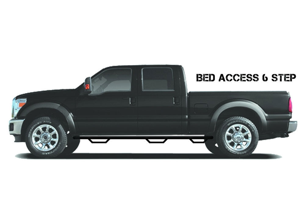 N-FAB C11115CC-6 NERF STEP BAR WHEEL-TO-WHEEL WITH BED ACCESS (3 STEPS PER SIDE) 3 INCH MAIN TUBE DIAMETER 2011-2014 CHEVY SILVERADO/GMC SIERRA 2500 HD/3500 HD 8 FOOT BED CREW CAB GLOSS BLACK
