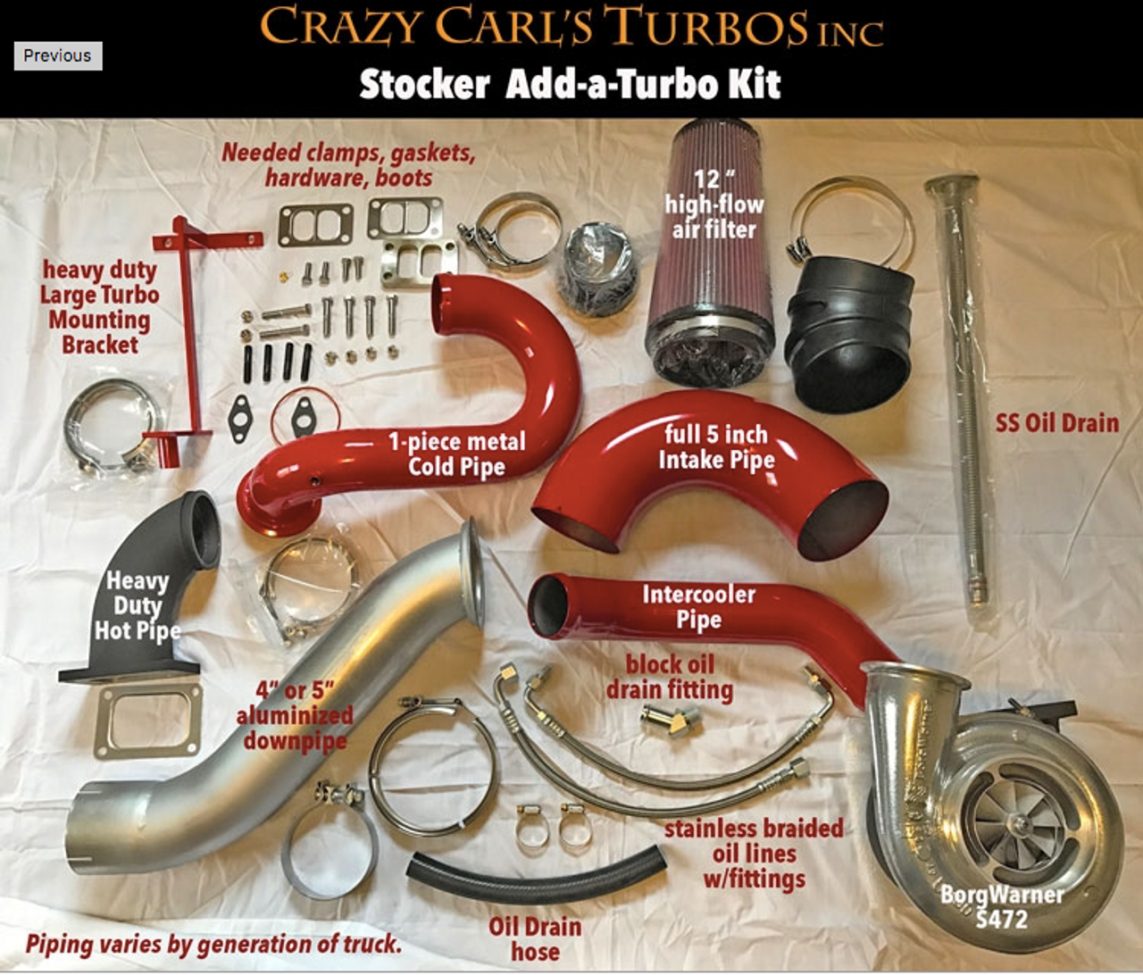 CRAZY CARLS TURBO STOCK 2/3 TWIN TURBO KIT WITH S472 1998.5-2002 DODGE CUMMINS 5.9L 24V