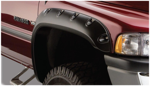 BUSHWACKER 50908-02 BLACK POCKET/RIVET STYLE SMOOTH FINISH 4-PIECE FENDER FLARE SET FOR 1994-2001 DODGE RAM 1500 1994-2002 RAM 2500, 3500 (EXCLUDES DUALLY) FIT 78/96 INCH BED
