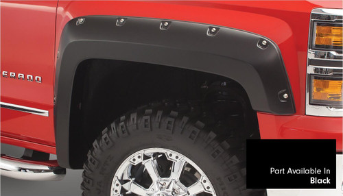 BUSHWACKER 40959-34 POCKET/RIVET STYLE COLOR MATCHED BLACK 4-PIECE FENDER FLARE SET FOR 2016-2018 SILVERADO 1500 FITS 69.3 INCH BED