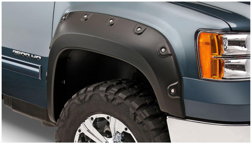 BUSHWACKER 40943-02 BLACK BOSS POCKET/RIVET STYLE SMOOTH FINISH 4-PIECE FENDER FLARE SET FOR 2007-2010 GMC SIERRA 2500 HD/3500 HD (EXCLUDES DUALLY)