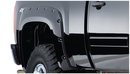 BUSHWACKER 40094-02 BLACK POCKET/RIVET STYLE SMOOTH FINISH REAR FENDER FLARES FOR 2007-2013 CHEVROLET SILVERADO 1500 FITS 69.3 INCH BED