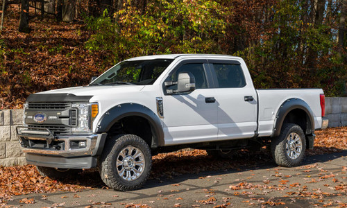 BUSHWACKER 20942-02 BLACK POCKET/RIVET STYLE SMOOTH FINISH 4-PIECE FENDER FLARE SET FOR 2017-2022 FORD F250/F350 SUPER DUTY W/81.8 INCH BED