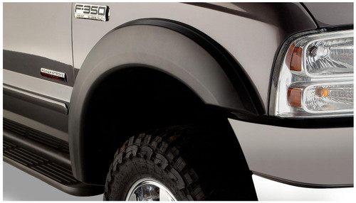 BUSHWACKER 20075-02 BLACK EXTENDAFENDER STYLE SMOOTH FINISH FRONT FENDER FLARES FOR 1999-2007 FORD F250 TO F-550 SUPER DUTY